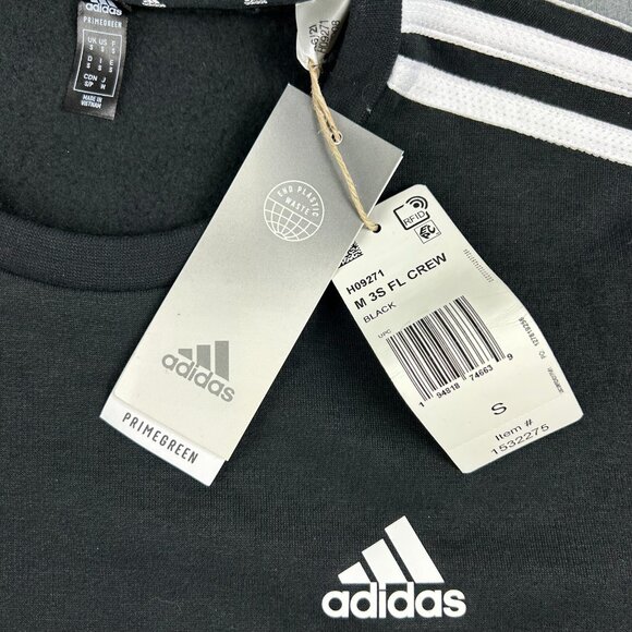 Adidas Sweatshirt Mens Crew Neck 3 Stripes Fleece Pullover Primegreen (Black, S) - Picture 3 of 6